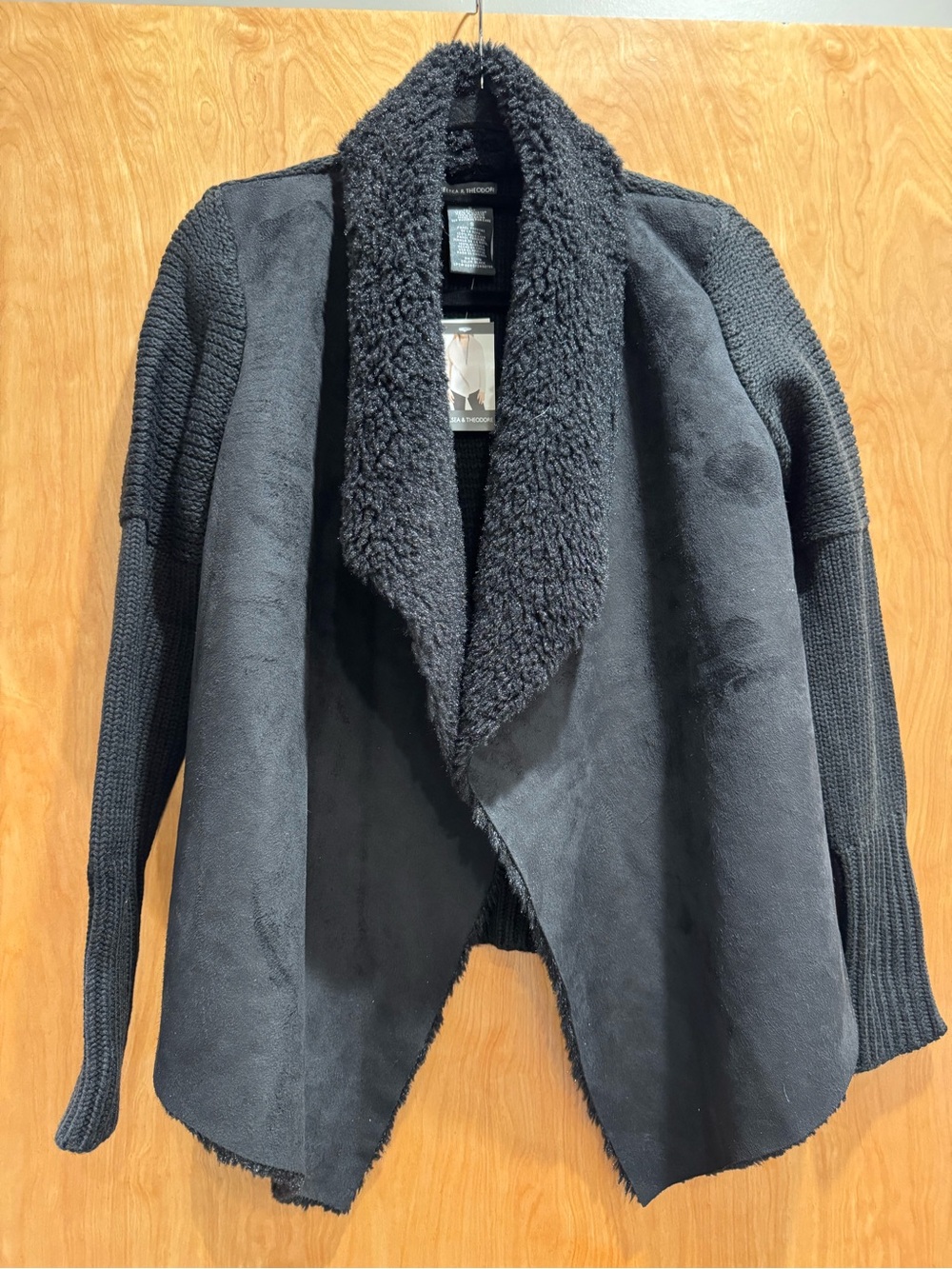 Chelsea & Theodore Black Faux-Shearling Draped Jacket